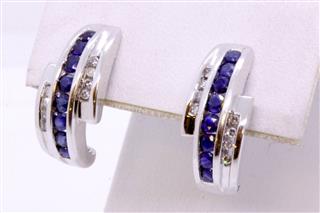 10K Solid White Gold Channel Set Round Sapphire & Diamond Half Hoop Earrings